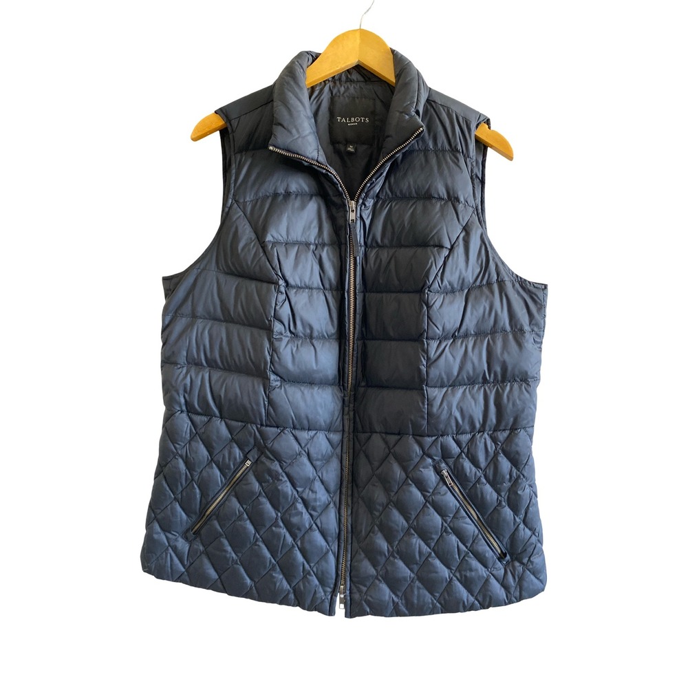 Talbots Plus 1X Black Down Puffer Vest Mixed Quilt Pockets Cinched Back Classic‎